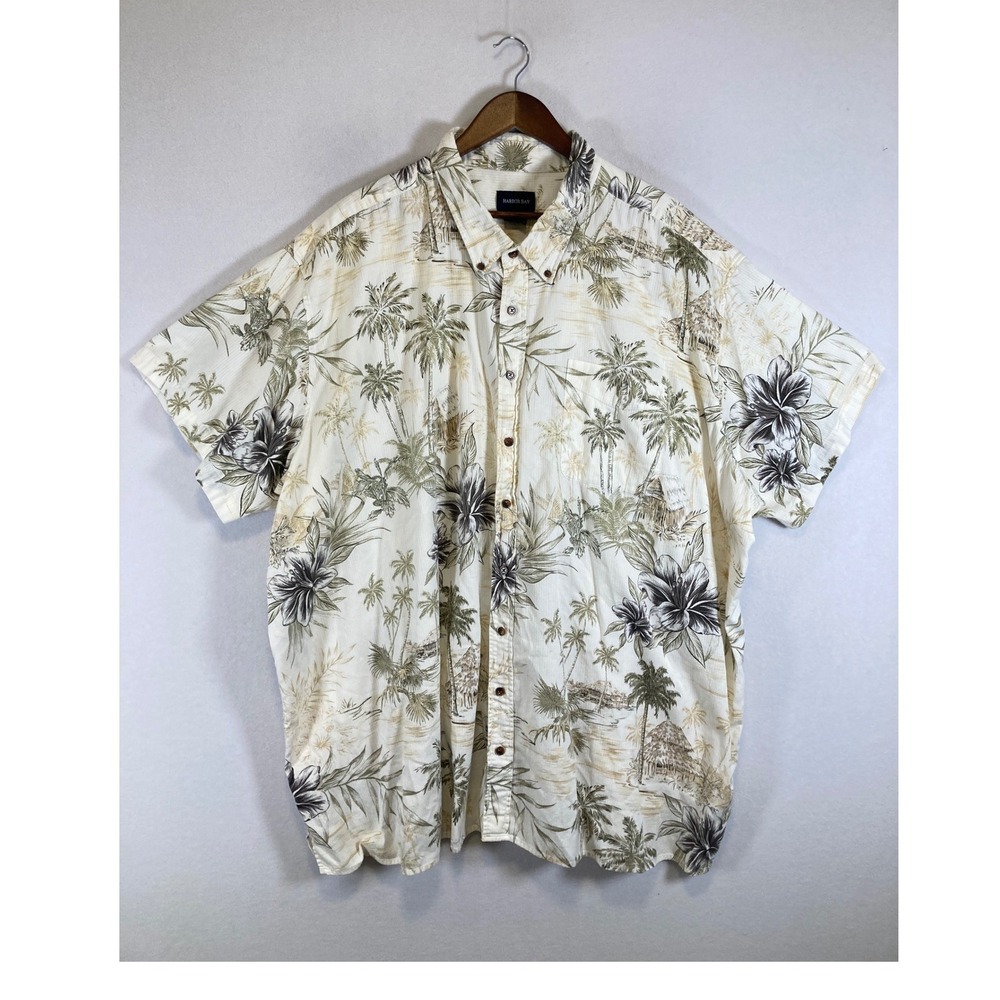 Tropical Island Harbor Bay Mens 5XL Cream Palm Tree Floral Button Down Shirt